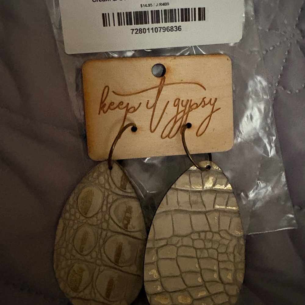 Keep It Gypsy Metallic Taupe Croc-Embossed Teardrop Earrings